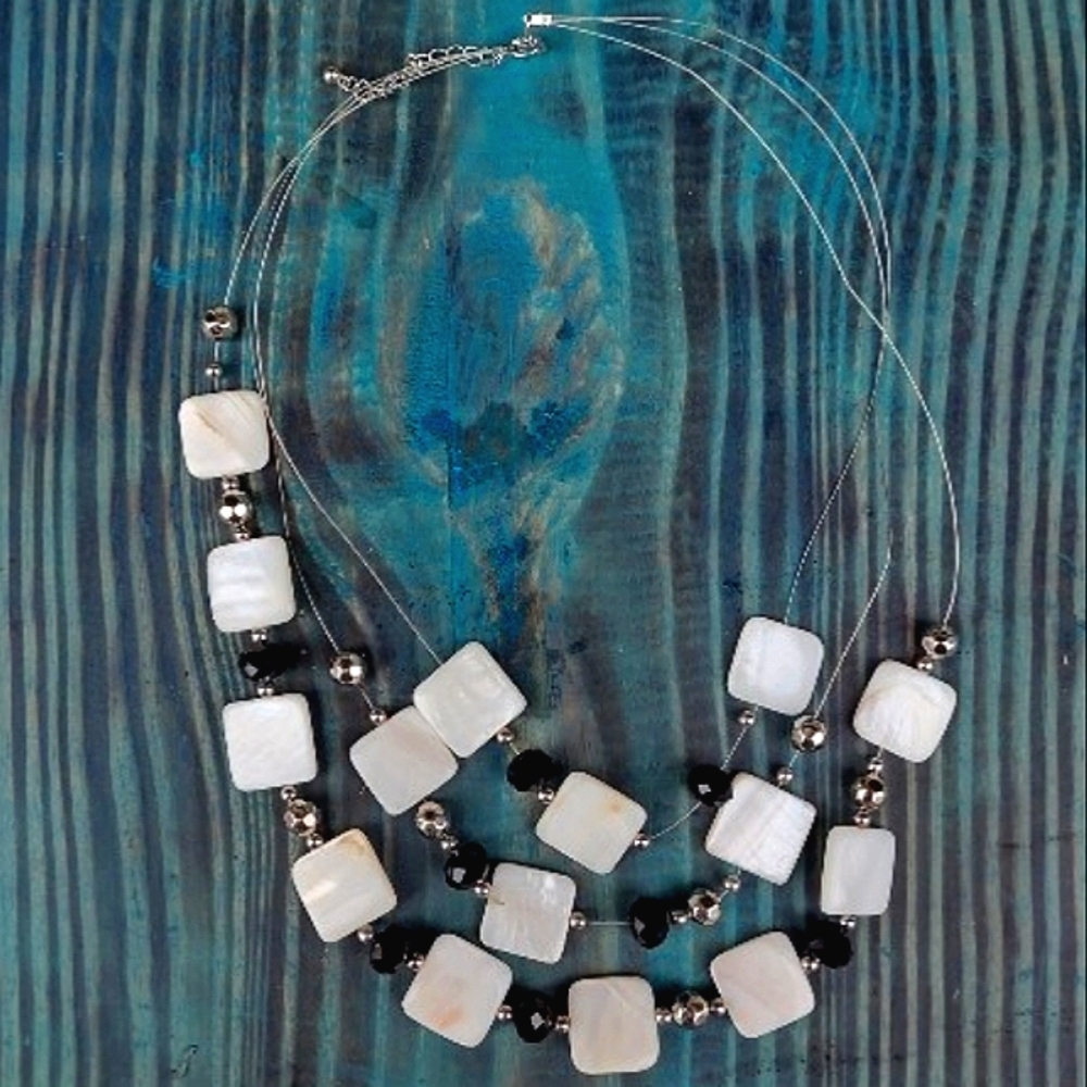 Triple Strand Layered Silver Wire Necklace with Black&Pearl Tone Geometric Beads